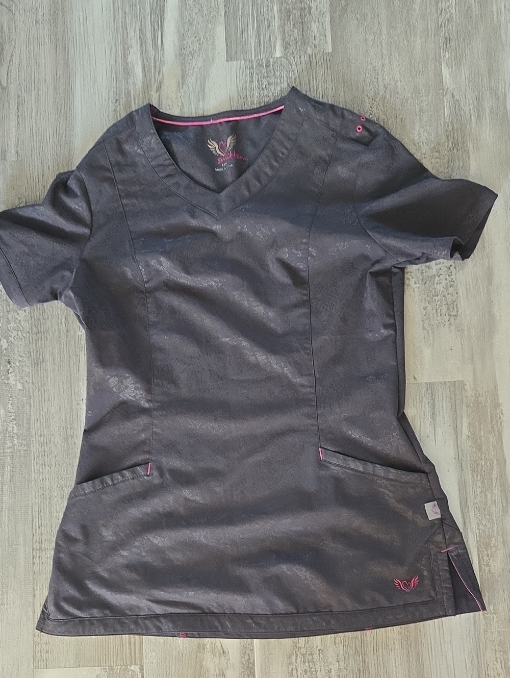 Smitten Women’s Charcoal V-Neck Scrub Top with Pink Accents